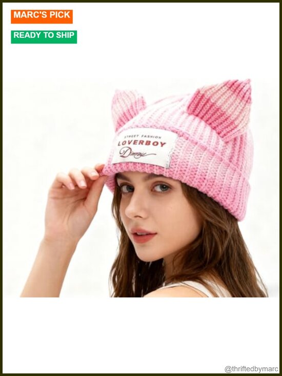 Crochet Cat Ear Beanie Hat - Y2K Soft Slouchy Knit